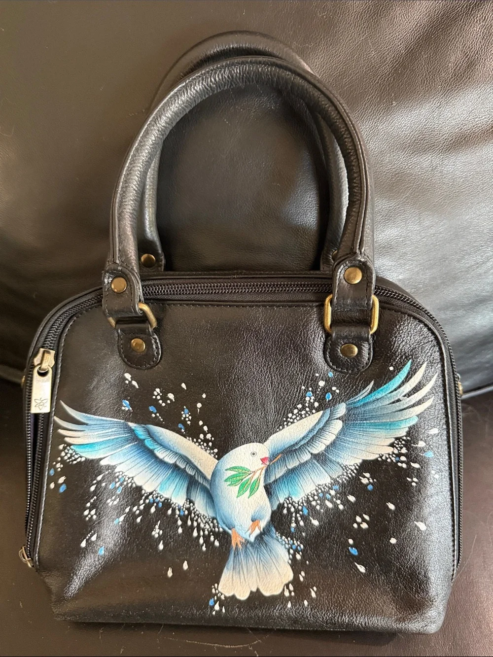 Anuschka Black Hand-Painted White & Blue Dove Leather Satchel